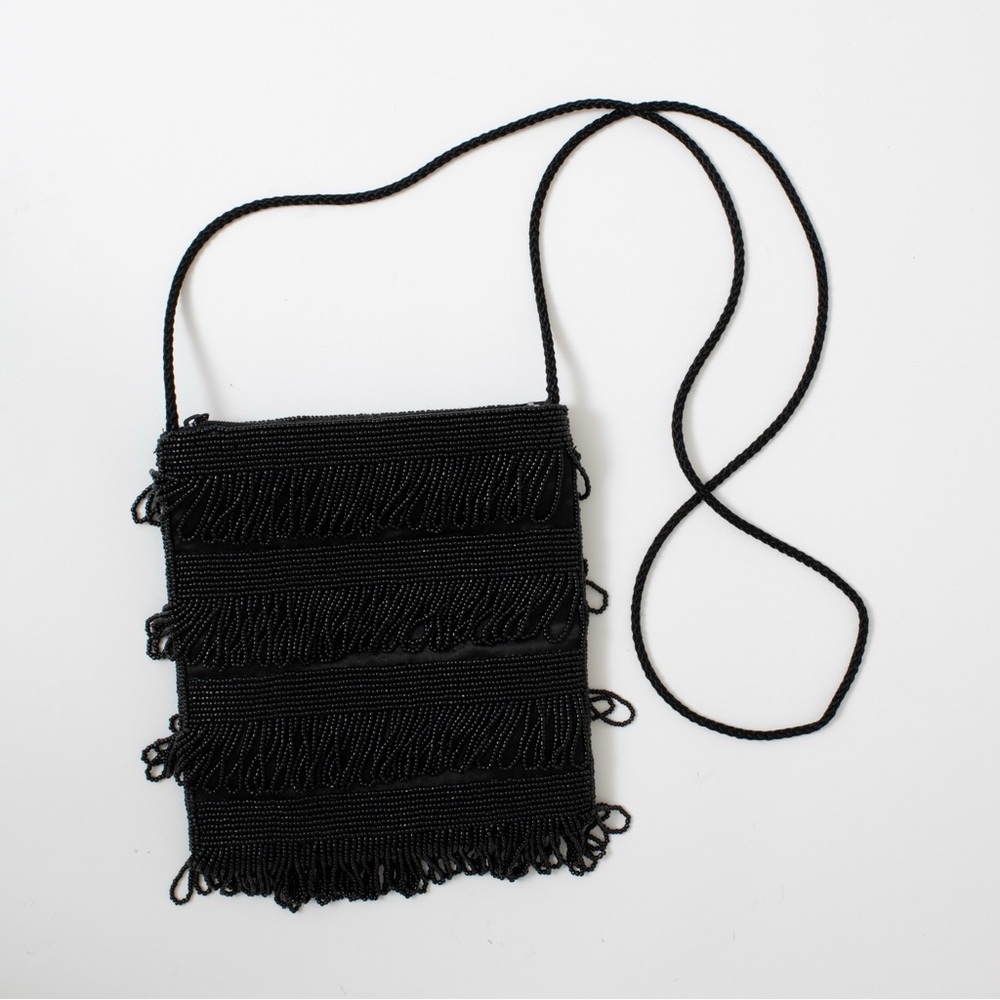 Vanessa Black Beaded Fringe Crossbody Evening Bag Purse